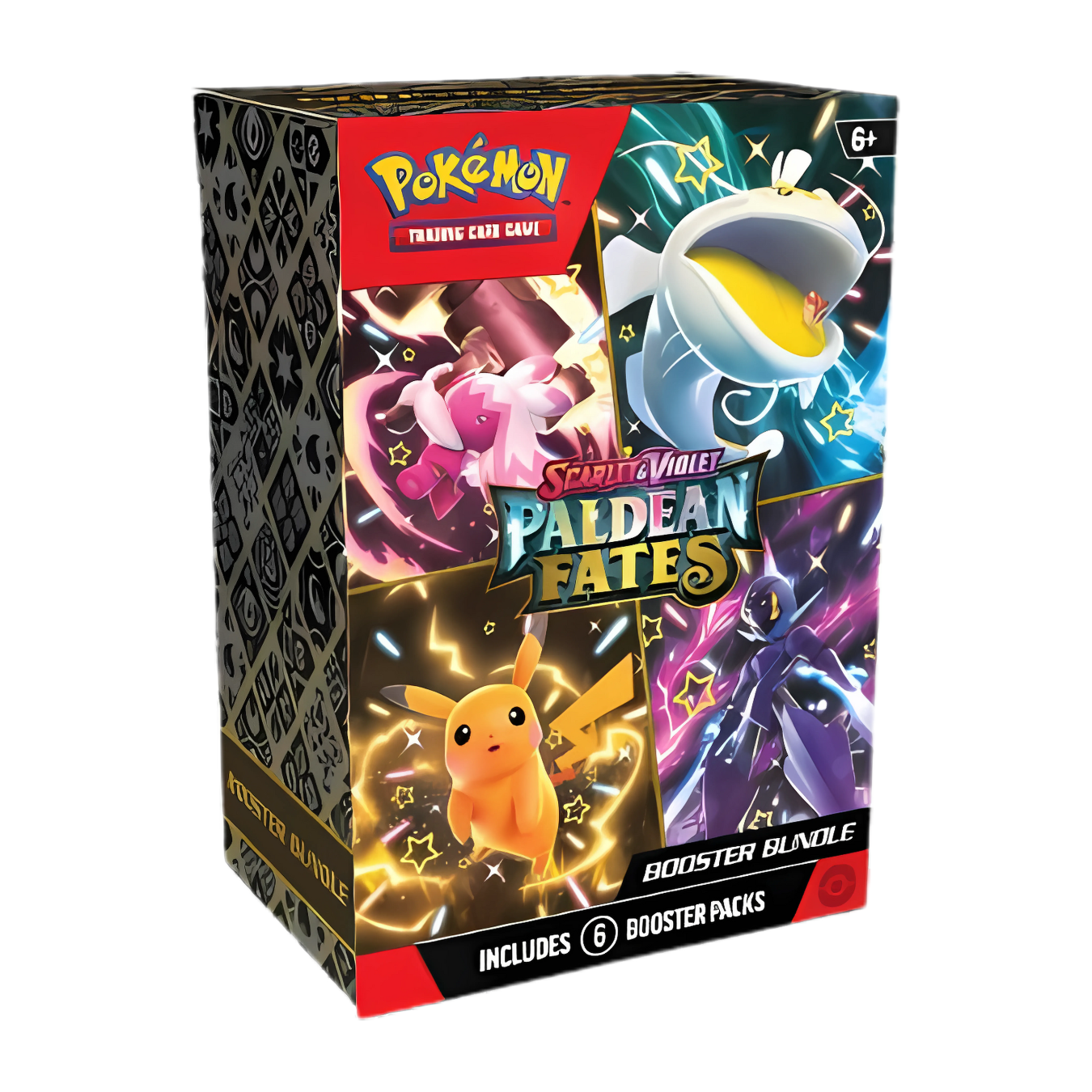 Paldean Fates Booster Bundle featuring Shiny Pokémon and six booster packs.