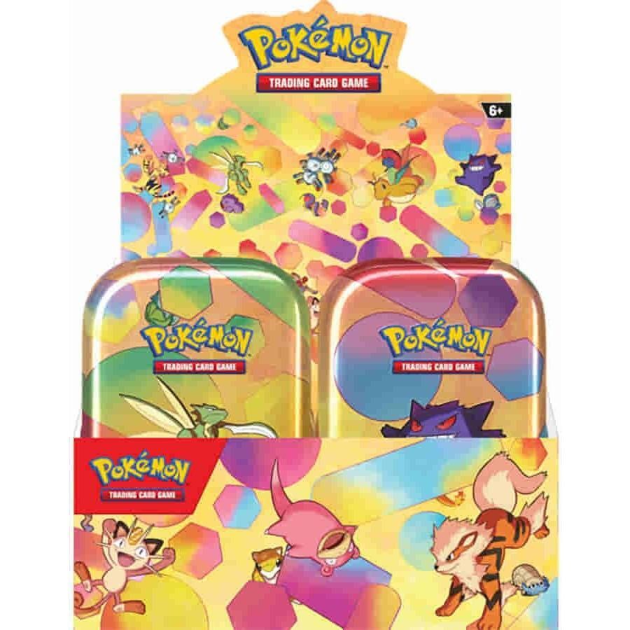 Pokémon 151 Mini Tin Display - Scarlet & Violet 151 (MEW) with 10 tins and booster packs.