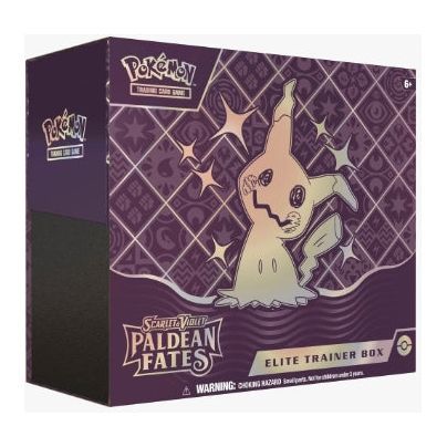Pokemon: Paldean Fates Elite Trainer Box with Shiny Mimikyu design.