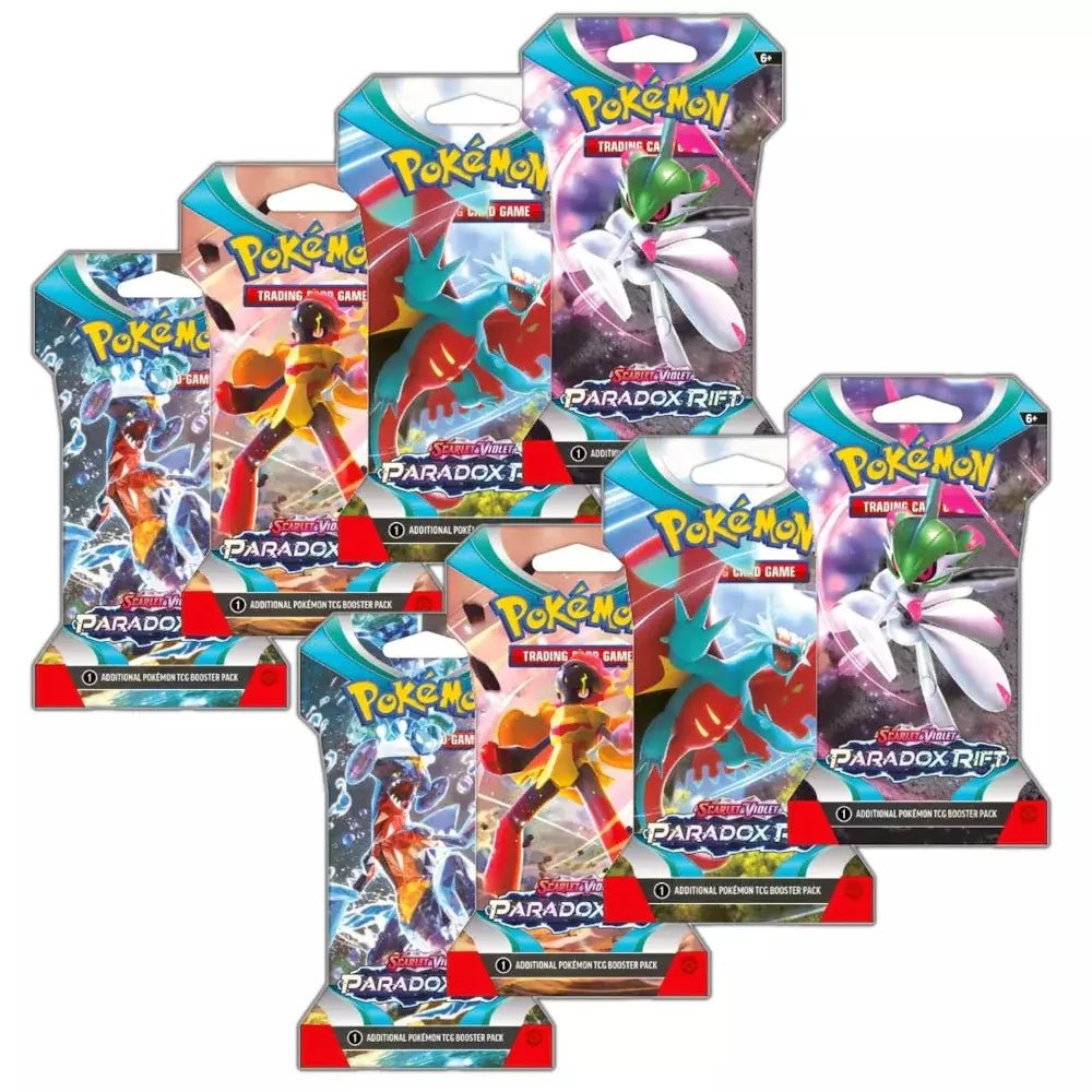 Pokemon Paradox Rift Sleeved Booster Packs featuring Garchomp branding and Scarlet & Violet series design.