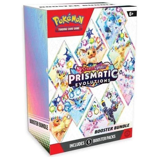 Pokemon Prismatic Evolutions Booster Bundle, featuring Eevee and evolutions, 6 packs, colorful design.