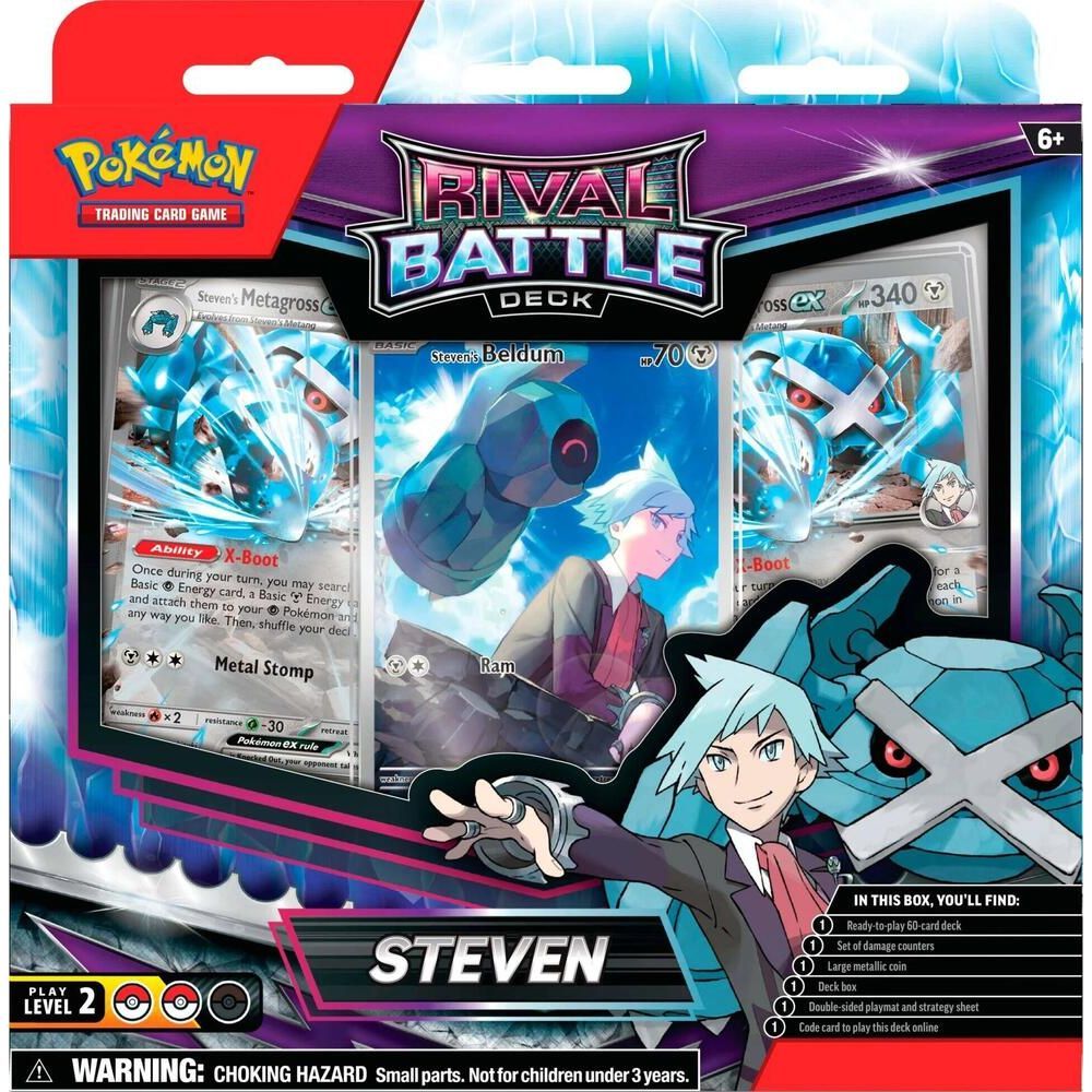Pokemon Rival Battle Deck Steven from Pokémon TCG, featuring trading cards and starter set for competitive play.