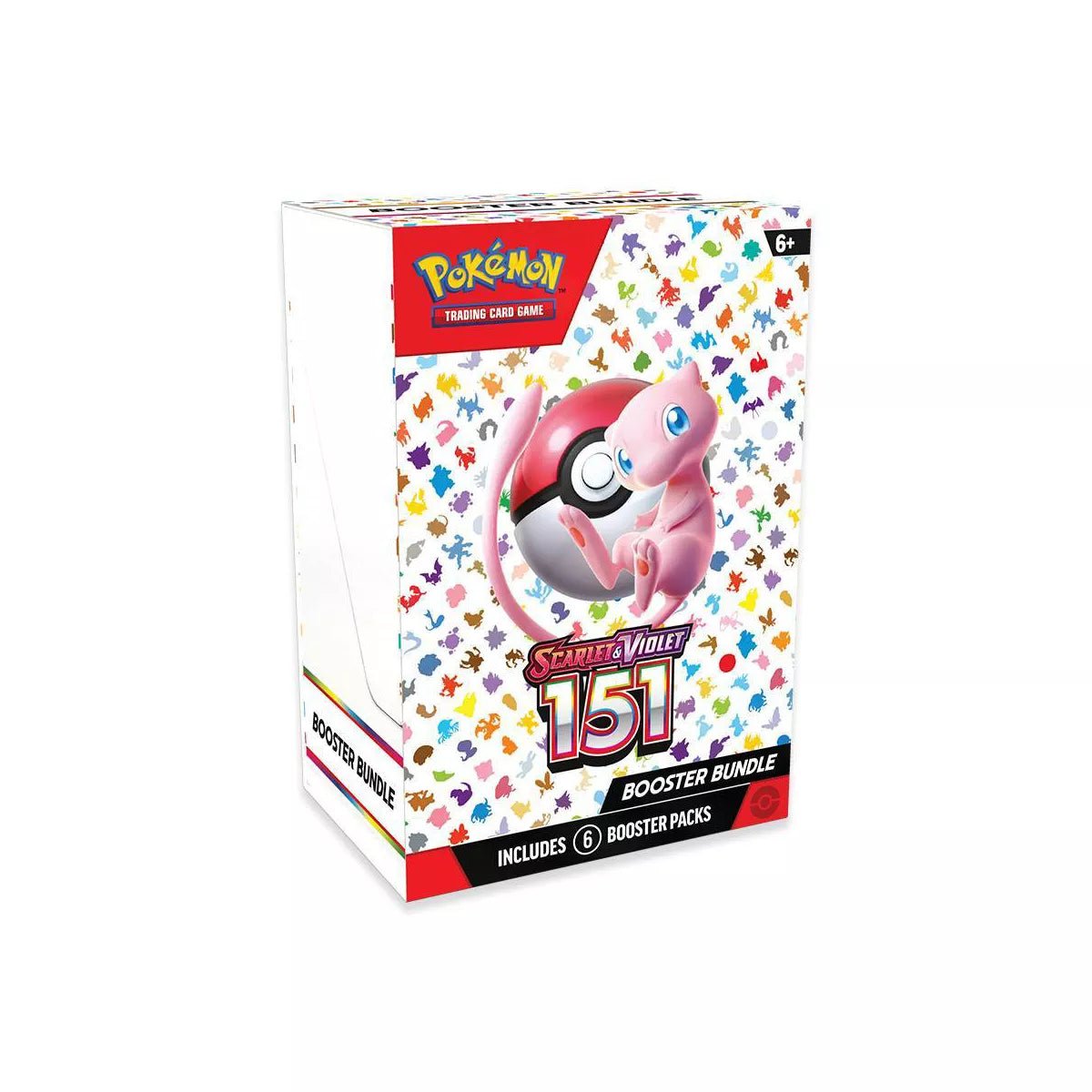 Pokémon Scarlet & Violet 151 Booster Bundle box with colorful design featuring Mew and includes 6 booster packs.