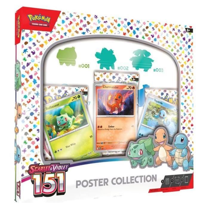 Pokemon Scarlet & Violet 151 poster collection with Bulbasaur, Charmander, and Squirtle promo cards.