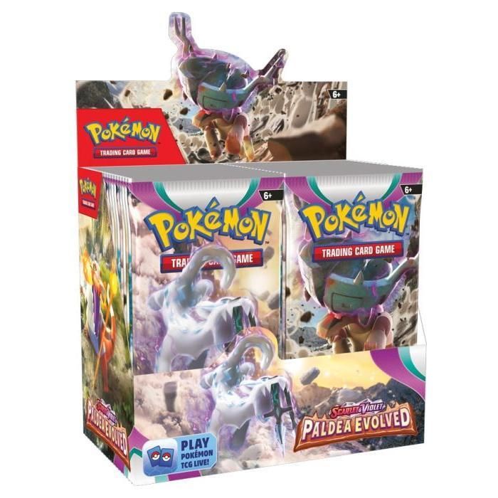 Pokemon Scarlet & Violet Paldea Evolved Booster Display featuring TCG packs with Meowscarada, Skeledirge, and Quaquaval ex.