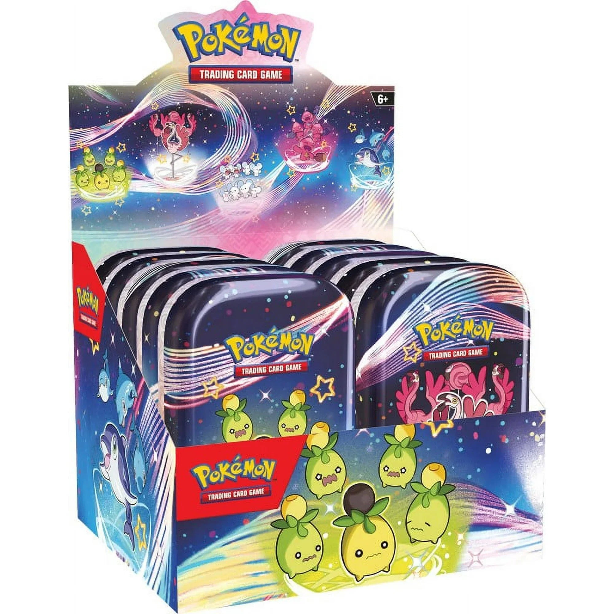 Pokemon Scarlet & Violet Paldean Fates Mini Tin display with booster packs and sticker sheet.