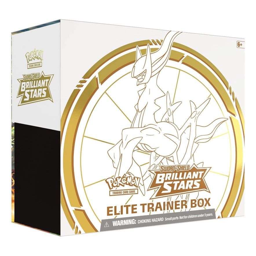 Pokemon Sword & Shield Brilliant Stars Elite Trainer Box with Arceus design.