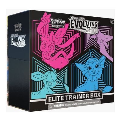 Pokemon Sword & Shield Evolving Skies Elite Trainer Box featuring Glaceon, Vaporeon, Sylveon, and Espeon.
