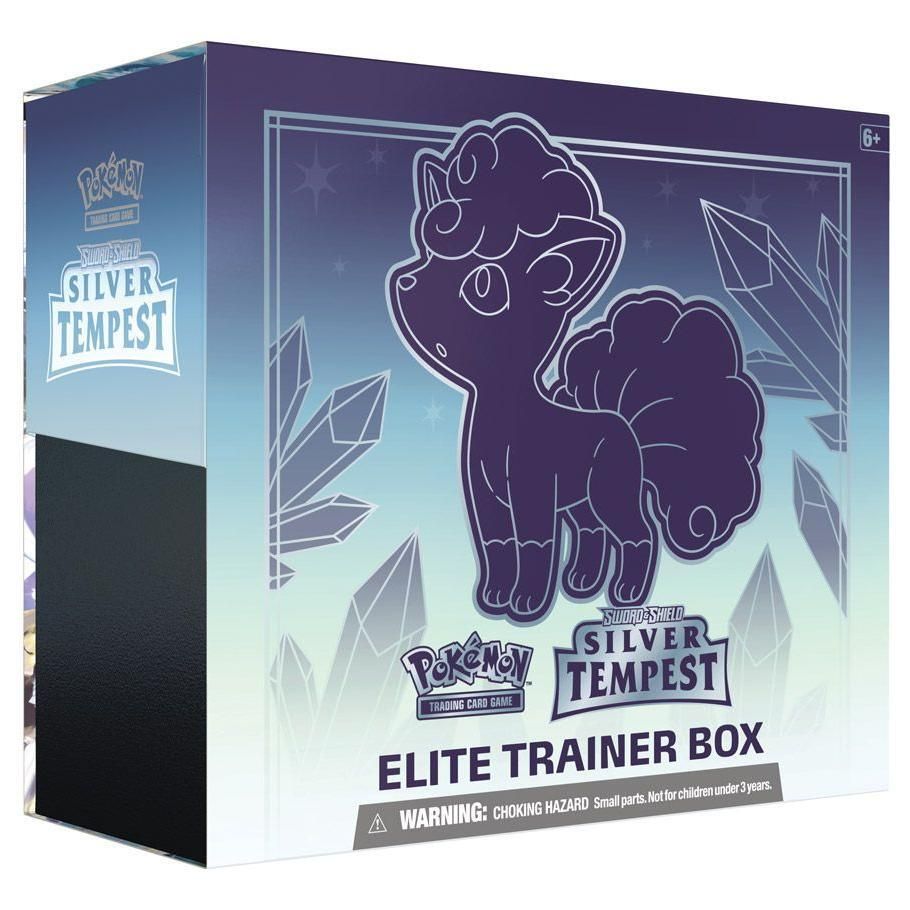 Pokemon Sword & Shield Silver Tempest Elite Trainer Box with Alolan Vulpix design.
