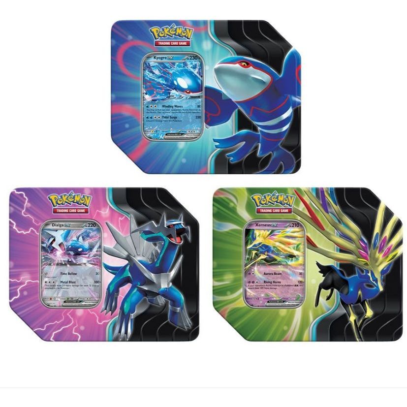 Pokémon TCG: Azure Legends Tin with Kyogre ex, Xerneas ex, or Dialga ex foil promo card.