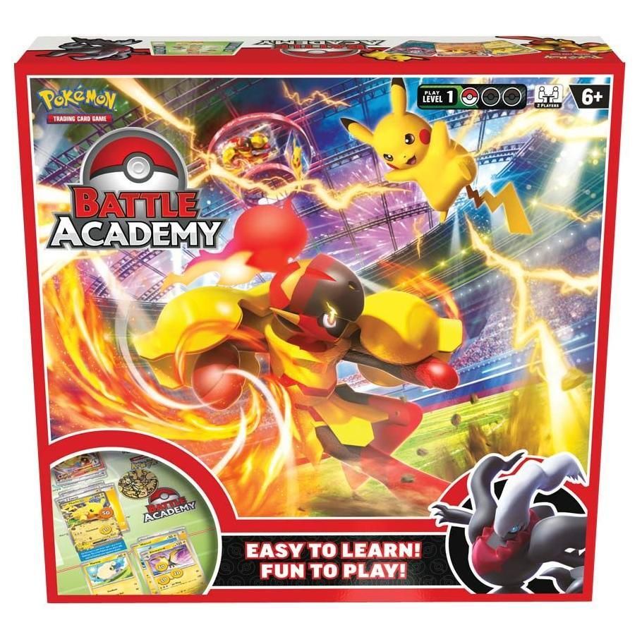 Pokémon TCG: Battle Academy 2024 box featuring Armarouge, Pikachu, and Darkrai with game contents.