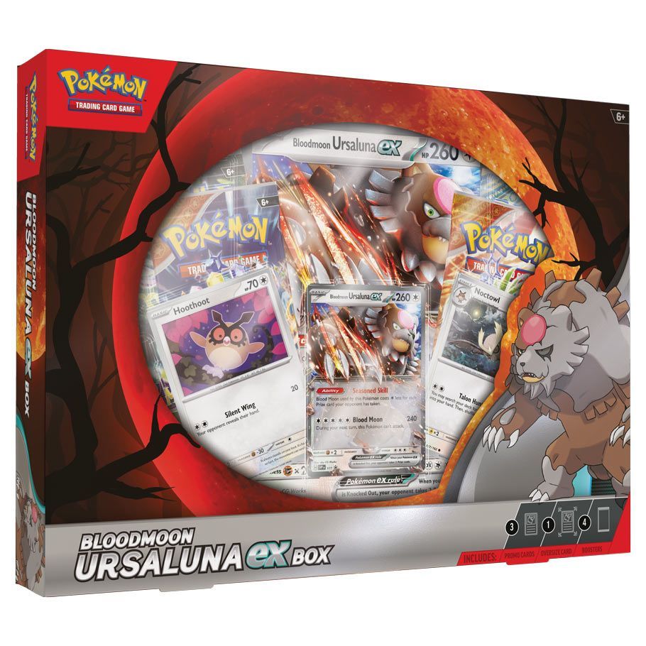 Pokémon TCG Bloodmoon Ursaluna ex Box with promo cards and booster packs.
