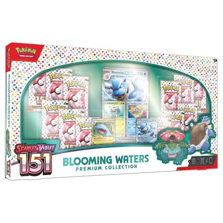 Pokémon TCG Blooming Waters Premium Collection with Venusaur, Blastoise, Bulbasaur, Squirtle foil cards and booster packs.