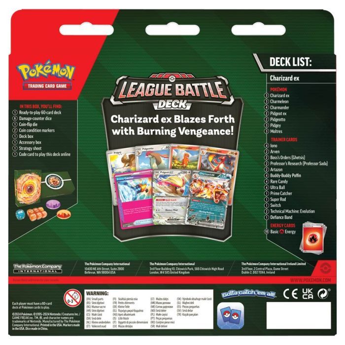 Pokémon TCG Charizard ex League Battle Deck packaging with contents overview.