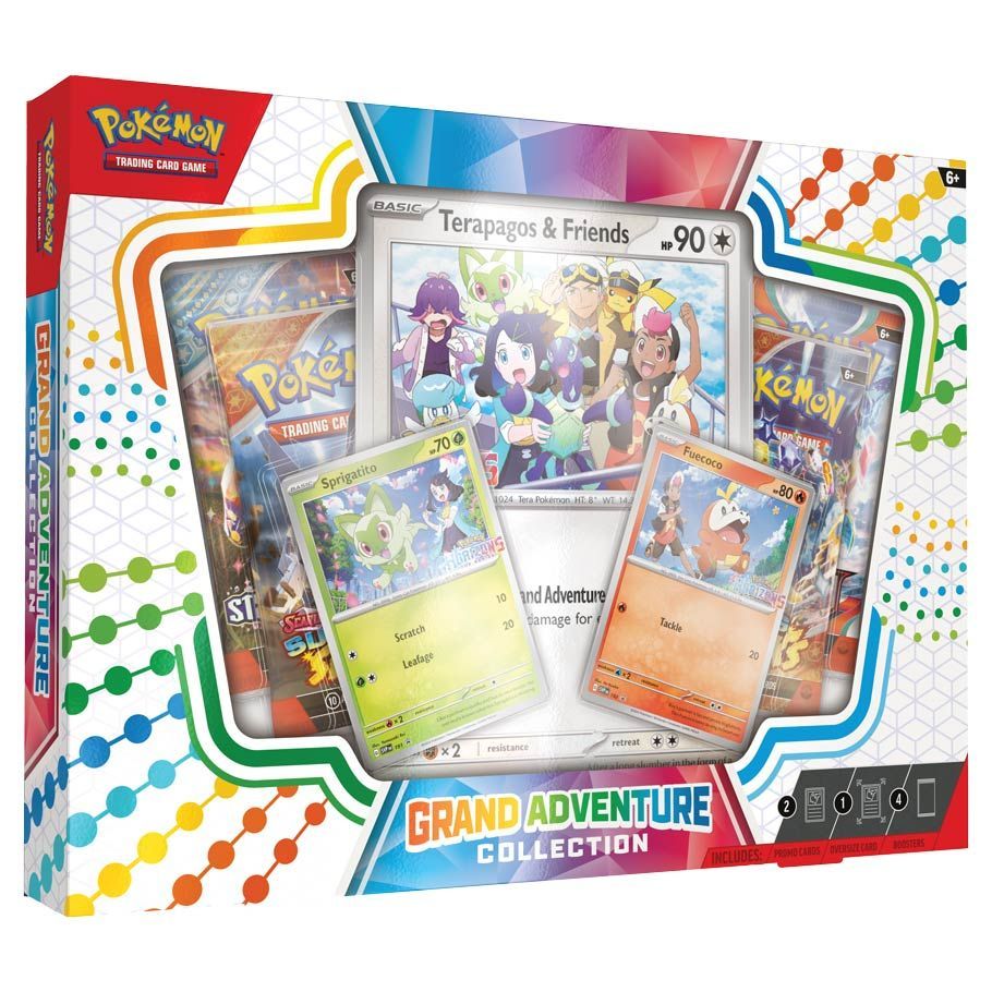 Pokémon TCG: Grand Adventure Collection box with foil promo cards of Sprigatito and Fuecoco, and Terapagos & Friends oversize card.