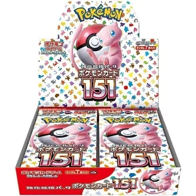 Pokemon TCG Japanese 151 Booster Box sealed with Mew artwork, containing 140 cards from Scarlet & Violet set.
