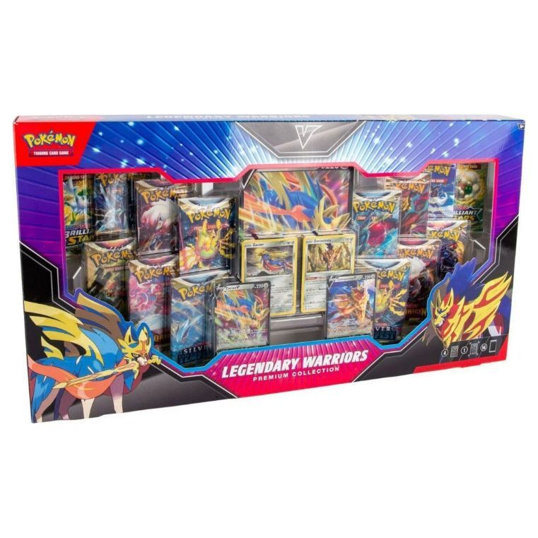 Pokemon TCG Legendary Warriors Premium Collection with Zacian V, Zamazenta V foil cards and booster packs.