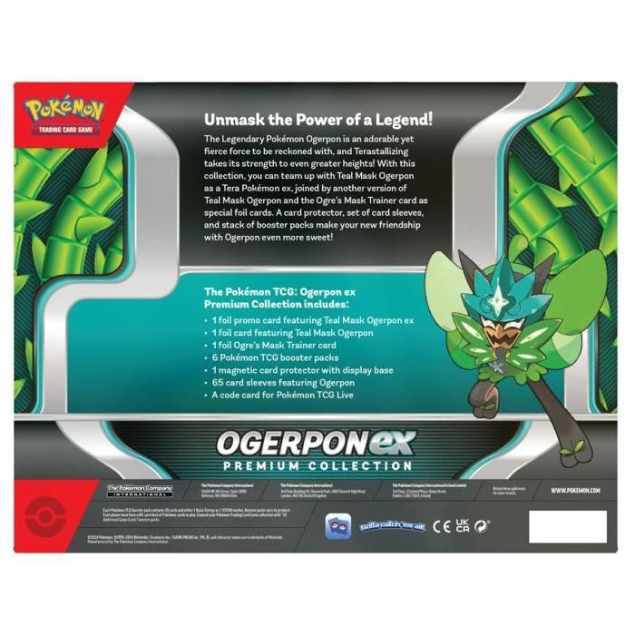 Pokémon TCG: Ogerpon ex Premium Collection box packaging with included items list.
