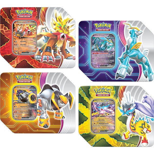 Pokemon TCG: Paradox Destinies Tin featuring four different Pokémon ex cards and booster packs.