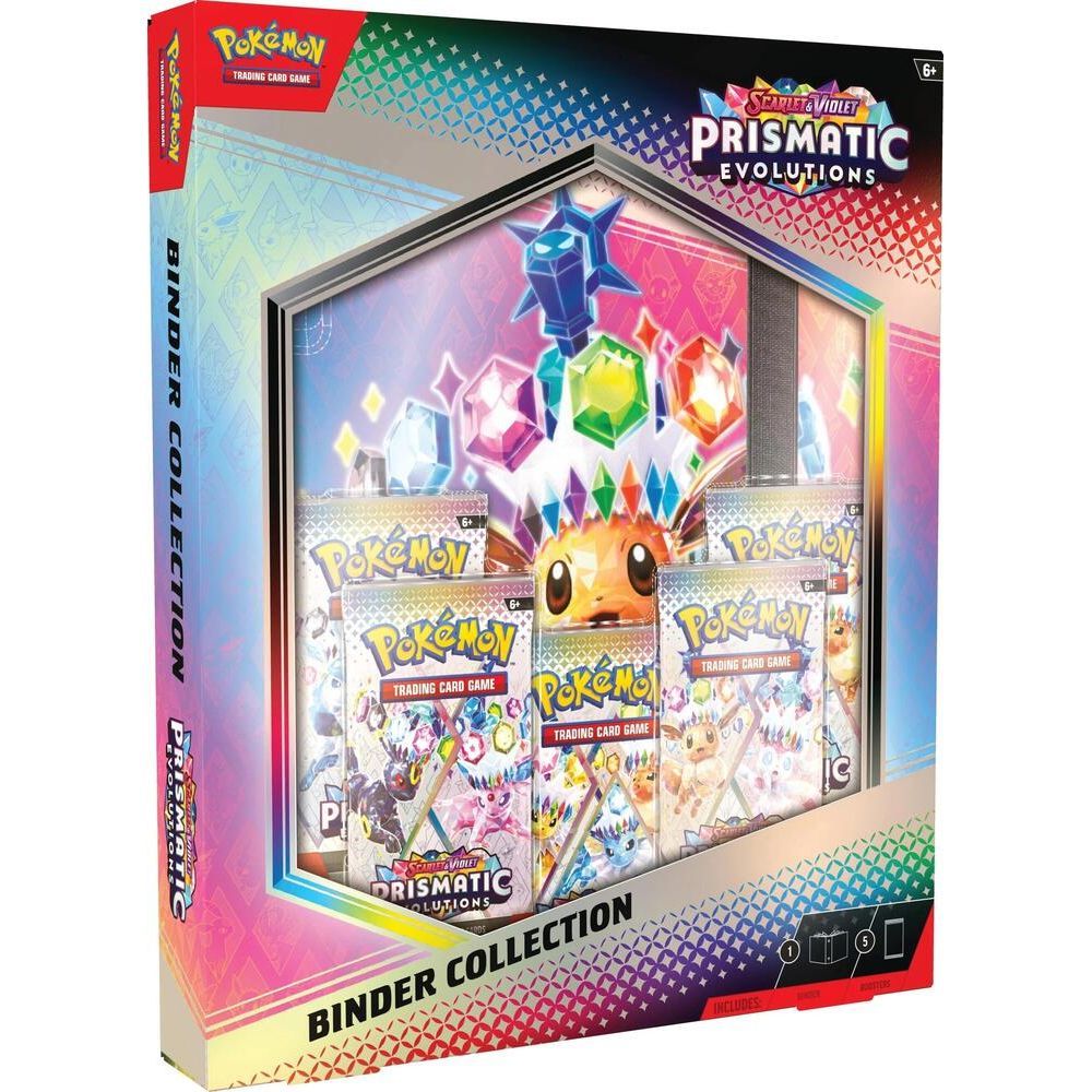 Pokemon TCG Prismatic Evolutions Binder Collection with booster packs and 9-pocket pages.