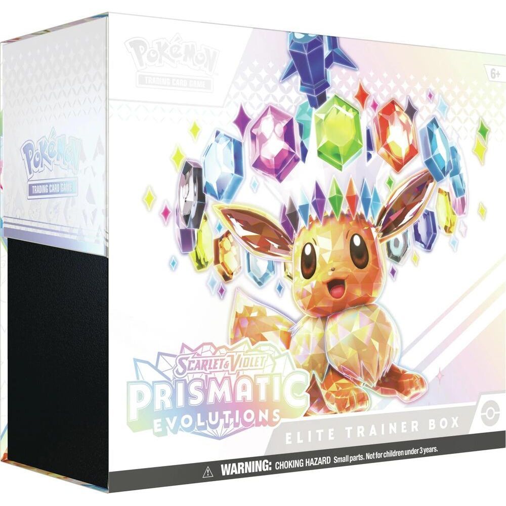 Pokemon TCG: Prismatic Evolutions Elite Trainer Box featuring Eevee and colorful gems.