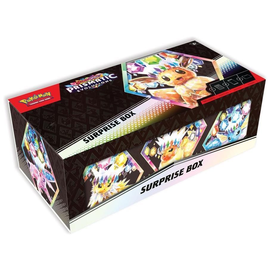 Pokemon TCG Prismatic Evolutions Surprise Box featuring Eevee promo card and booster packs.