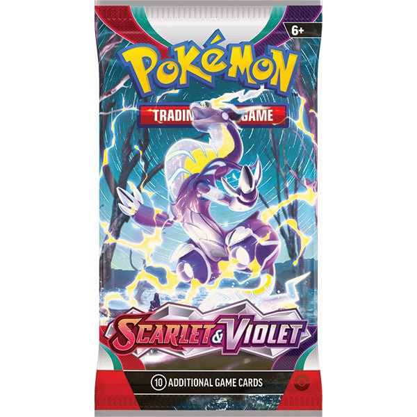 Pokemon TCG: Scarlet & Violet Booster Pack, featuring artwork of Legendary Pokémon, 10 cards per pack.