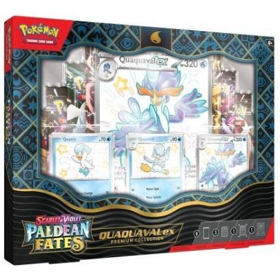 Pokémon TCG Scarlet & Violet 4.5 Paldean Fates Quaquaval ex Premium Collection box set.
