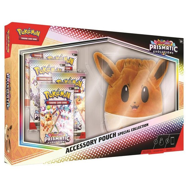 Eevee-themed accessory pouch with Pokémon TCG: Scarlet & Violet—Prismatic Evolutions booster packs.