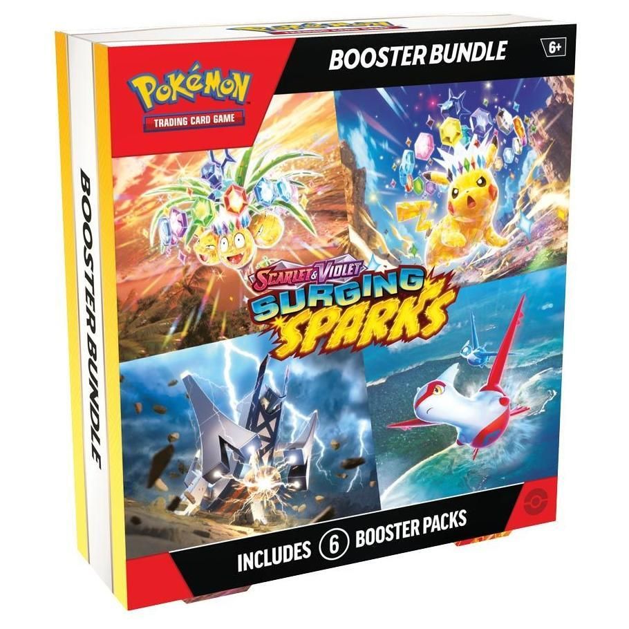 Pokémon TCG: Scarlet & Violet 8: Surging Sparks Booster Bundle box with dynamic Pokémon illustrations.