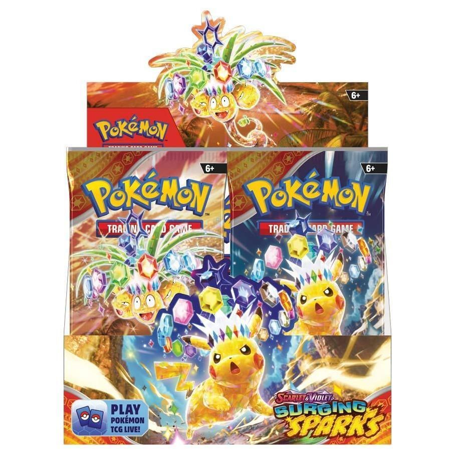 Pokémon TCG: Scarlet & Violet 8: Surging Sparks Booster Display with Pikachu ex and dragon Pokémon artwork.
