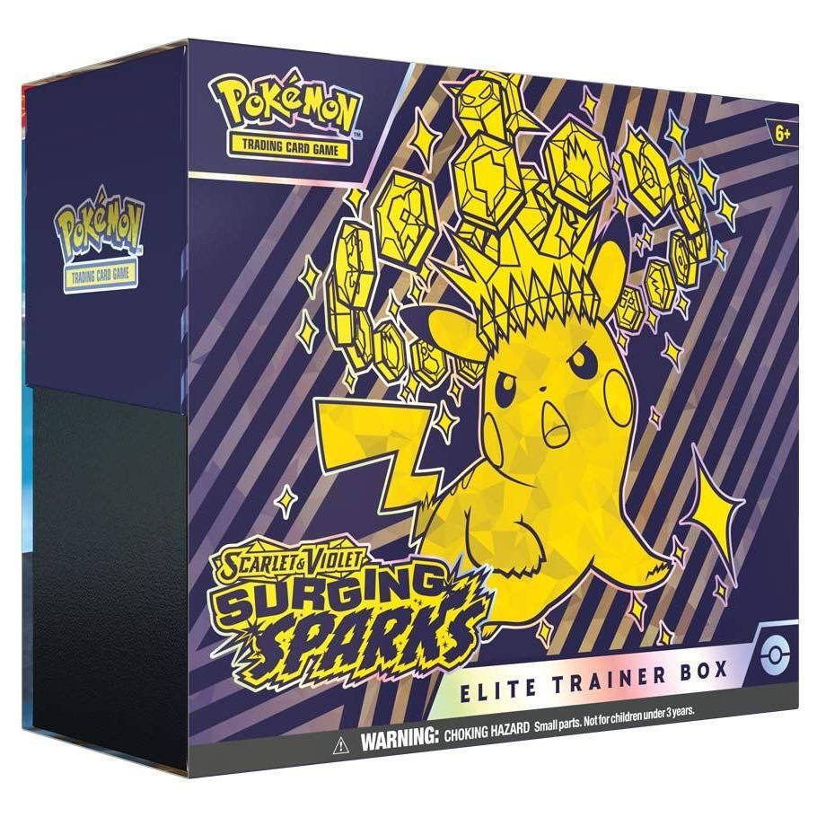 Pokémon TCG: Scarlet & Violet 8 Surging Sparks Elite Trainer Box featuring Pikachu ex artwork.