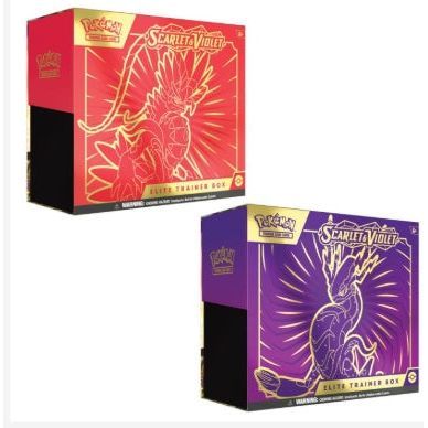 Pokémon TCG: Scarlet & Violet Elite Trainer Box featuring Koraidon and Miraidon designs.