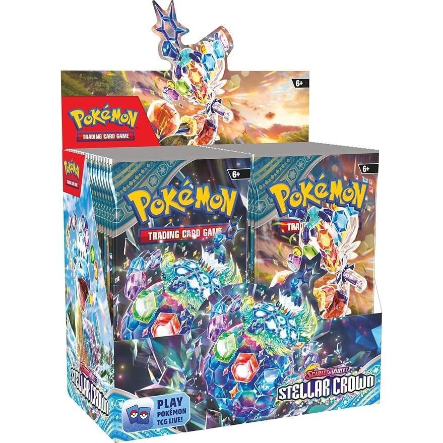 Pokemon TCG: Scarlet & Violet Stellar Crown Booster Box with 36 packs and vibrant design.