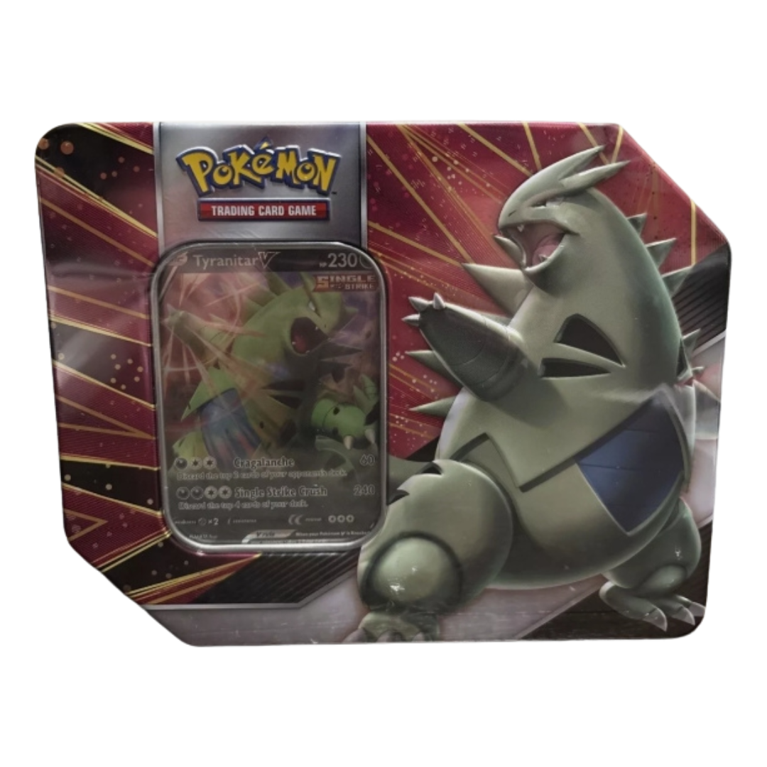 Pokemon Tyranitar V Tin with foil card and booster packs.