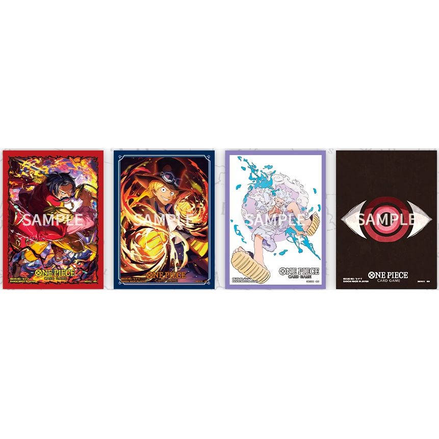 Four trading card sleevesfrom the One Piece series with 'SAMPLE' text on each.