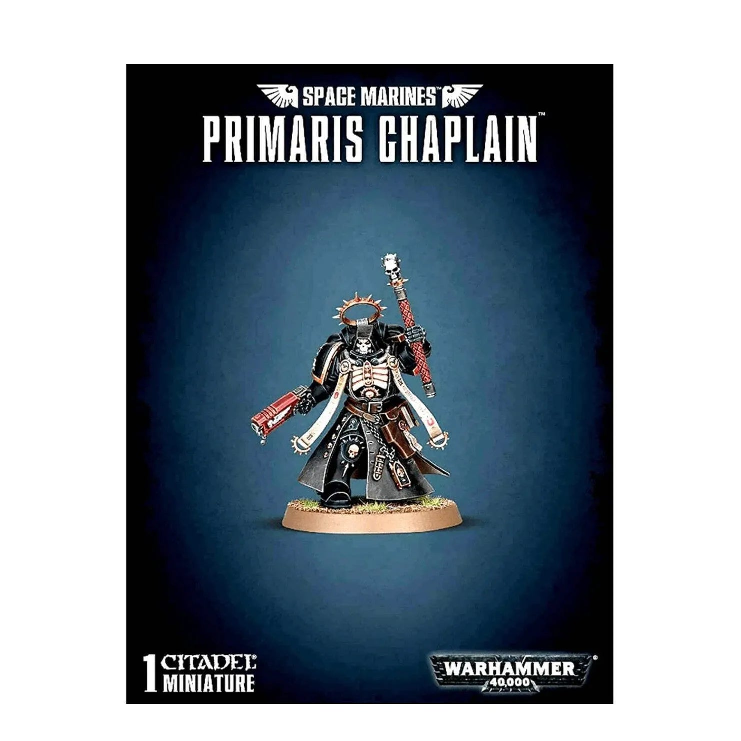Space Marines Chaplain model from Games Workshop, detailed figure with black armor and skull insignia, ready for tabletop gaming.