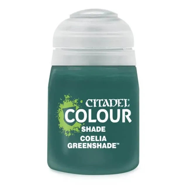 Citadel Colour Coelia Greenshade shade paint bottle for miniature painting, featuring a dark green tint with a dropper cap.