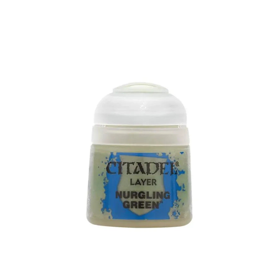 Nurgling Green layer paint bottle from Citadel Colour, featuring a close-up of the green paint for miniature models.