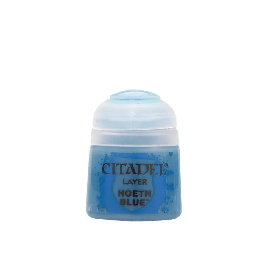 Blue layer paint in a Citadel Colour Hoeth Blue bottle, suitable for miniature painting and detailed color layering.