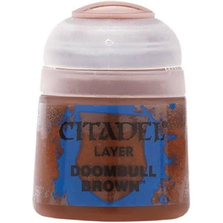 Doombull Brown Citadel Layer Paint bottle with label, used for detailed painting and shading in miniature modeling.
