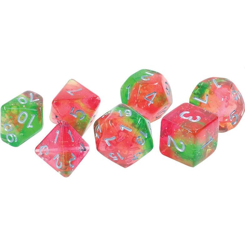 RPG Dice Set of 7 in vibrant lotus colors for tabletop games.