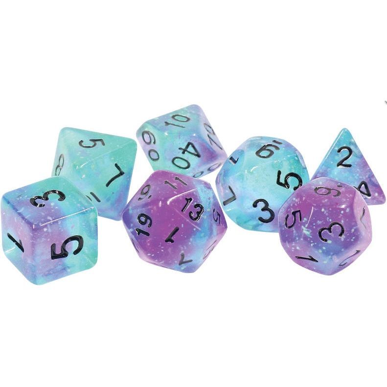 RPG Dice Set Peacock Glowworm with 7 glow-in-the-dark dice, perfect for tabletop games.