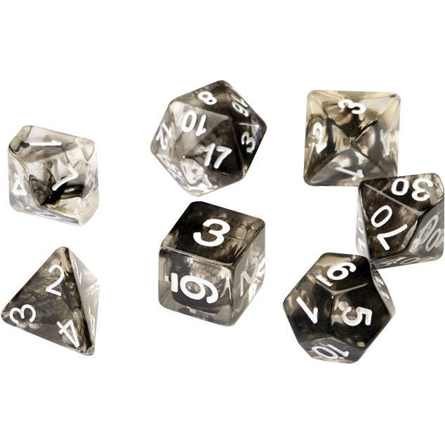 Translucent black RPG dice set of 7 for tabletop games.
