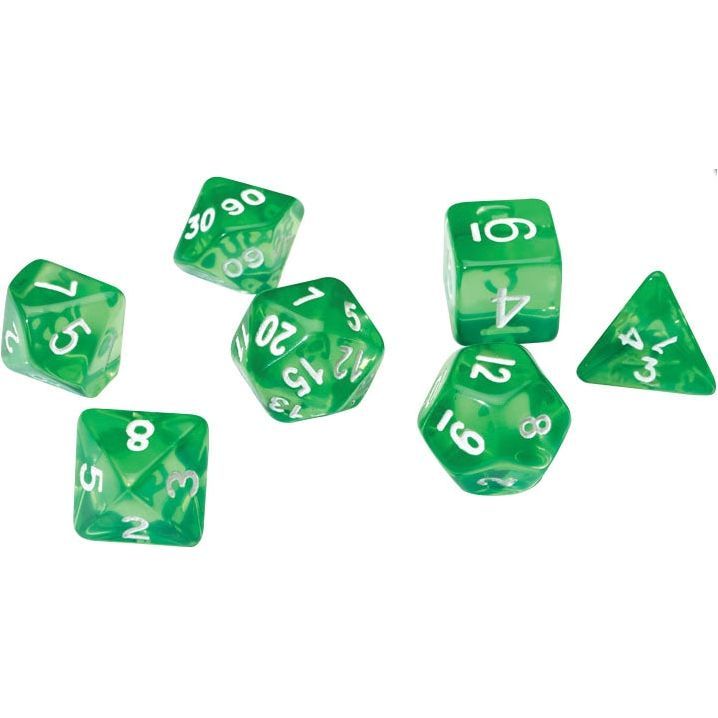 Translucent green RPG dice set of 7 for tabletop games.