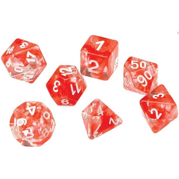 Translucent purple RPG dice set of 7 for tabletop games.