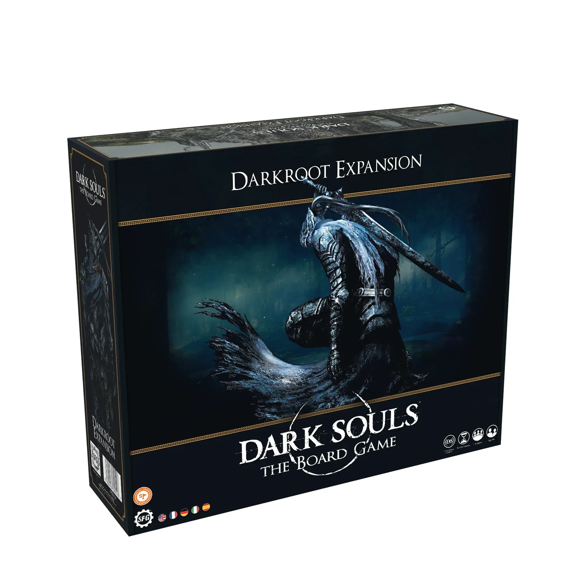 Dark Souls: Board Game Darkroot Expansion box featuring Artorias and Great Grey Wolf Sif from the Dark Souls™ universe.