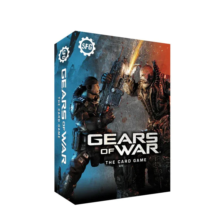 Gears of War The Card Game box featuring COG soldier and Locust warrior in battle.