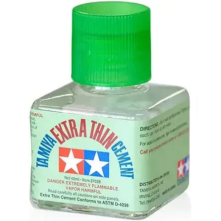 Tamiya Extra-Thin Cement 40ml bottle with green cap for plastic models.