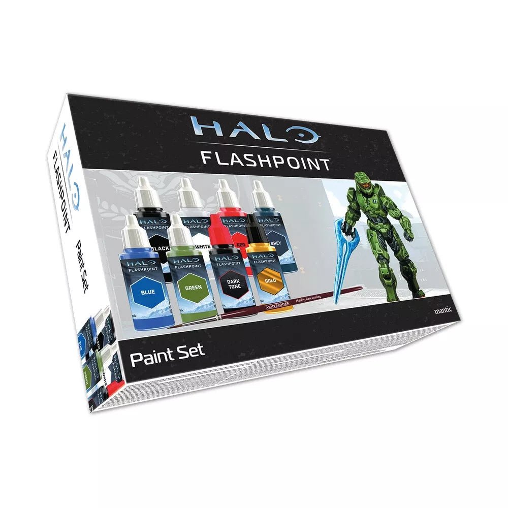 HALO: Flashpoint paint set with 8 Warpaint Fanatic paints, Master Chief model, and brush.